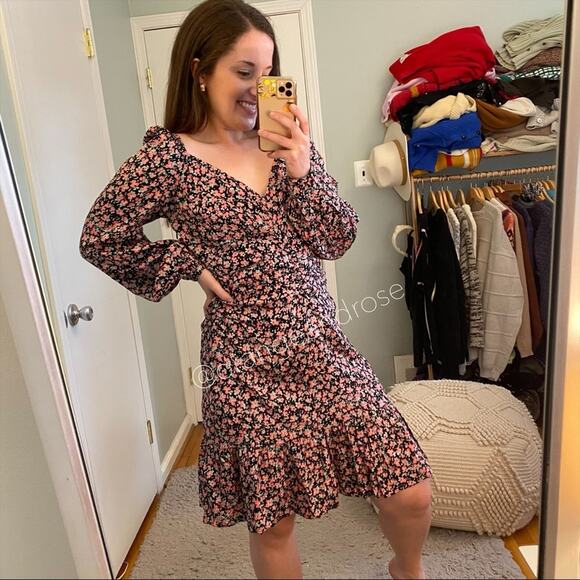 NWT byTiMo Black Pink Viscose Floral Puff Long Sleeve Mini Dress Ditsy Large L - Picture 5 of 14